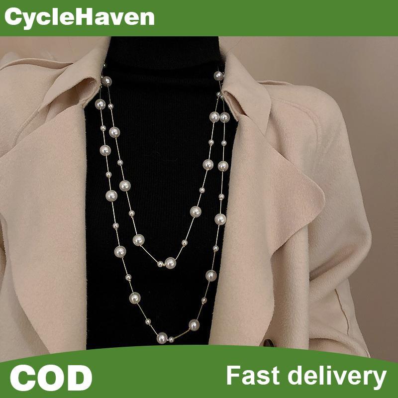 Null Elegant Double Layer จําลอง Pearl เสื้อกันหนาวสร้อยคอผู้หญิงหญิงคอสร้อยคอโซ่ยาว null