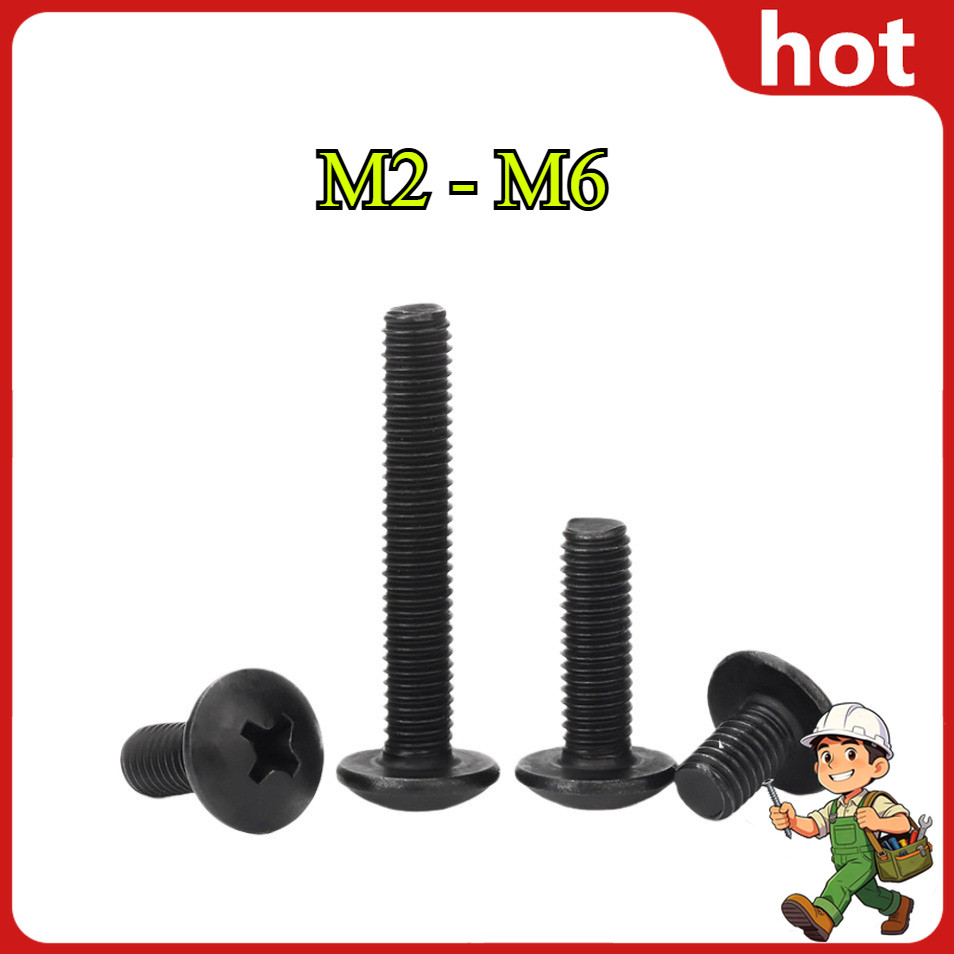 สกรูหัวกระทะหัวร่ม แฉก น็อตดำ JT+  เกลียวมิลหยาบ กันสนิม Truss Head Machine Screw  LBP111M2/M2.5/M3/