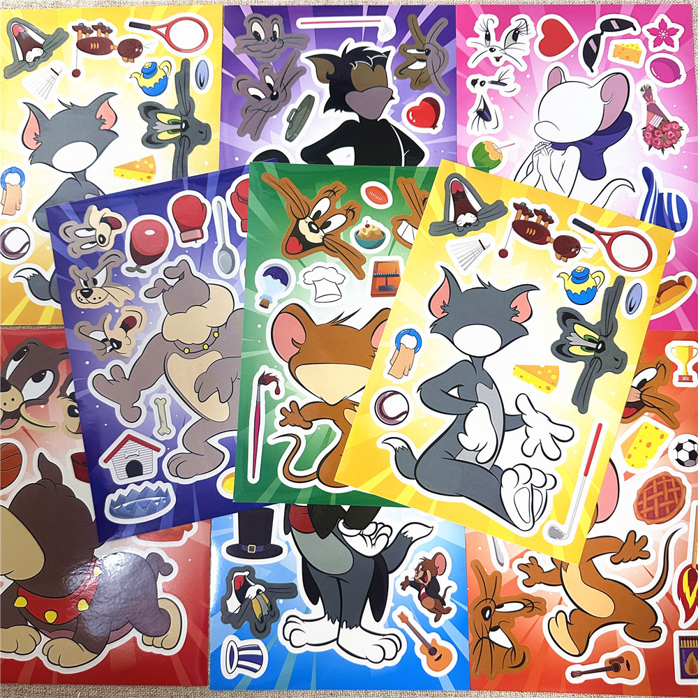 8ชิ้นการ์ตูนทอมและเจอร์รี่เด็กทําเองปริศนาการ์ตูนกาวในตัววาดอุปกรณ์ต่อพ่วงวัสดุสาวสติ๊กเกอร์ทํามือ