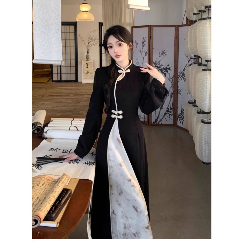 (ส่งจากกรุงเทพฯ)กี่เพ้าประยุกต์ ผู้หญิง รูปยาวสไตล์จีนใหม่ ชุดผู้หญิง สีดำ สีขาว สัมมัติ สีขาว - รูปที่ 7