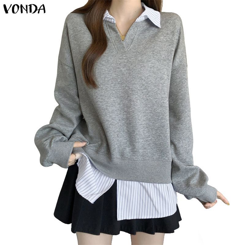 VONDA เสื้อแขนยาวสำหรับผู้หญิงสไตล์เกาหลี ดีไซน์ Collar Turn-Down และแพทช์เวิร์ค เหมาะสำหรับการแต่งตัวในวันทำงานและวันหยุด