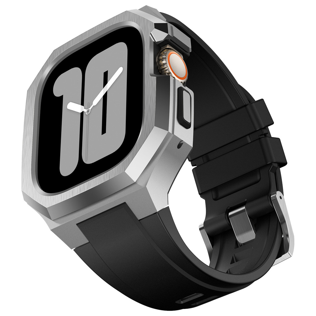 สแตนเลสกรณี + Fluororubber ชุดสายสําหรับ Apple Watch Ultra 3 2 1 49 มม.ฝาครอบป้องกันสําหรับ iWatch Series 11 10 9 8 7 6 5 4 SE