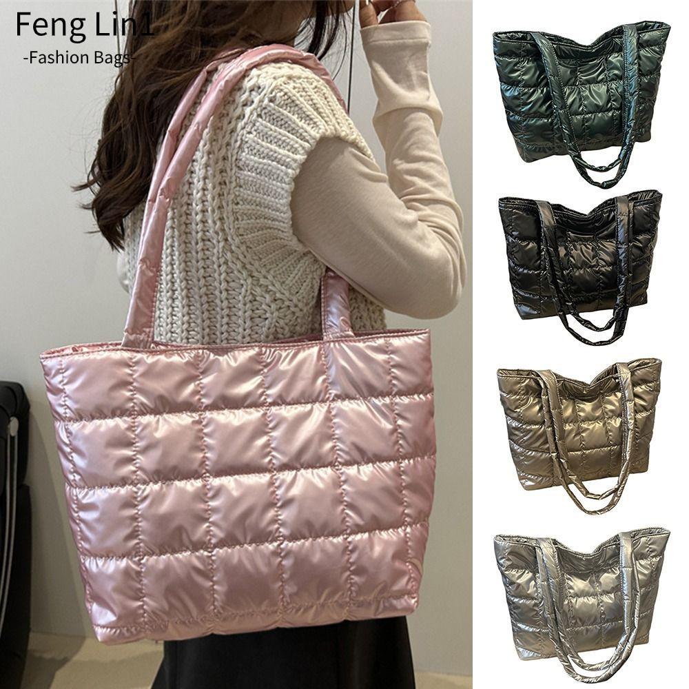 กระเป๋าสะพาย FLIN, Down Cotton Cushion สีทึบ Quilted Tote Bag,แฟชั่นกระเป๋าช้อปปิ้งความจุขนาดใหญ่ผู้หญิงสาว