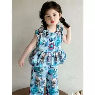 DY06 [รุ่นใหม่ ] ชุดเด็กผู้หญิงฤดูร้อน เสื้อกล้าม+กางเกงขายาว ลายดอกไม้หมีน้อย น่ารักสดใส ผ้าบางเบา
