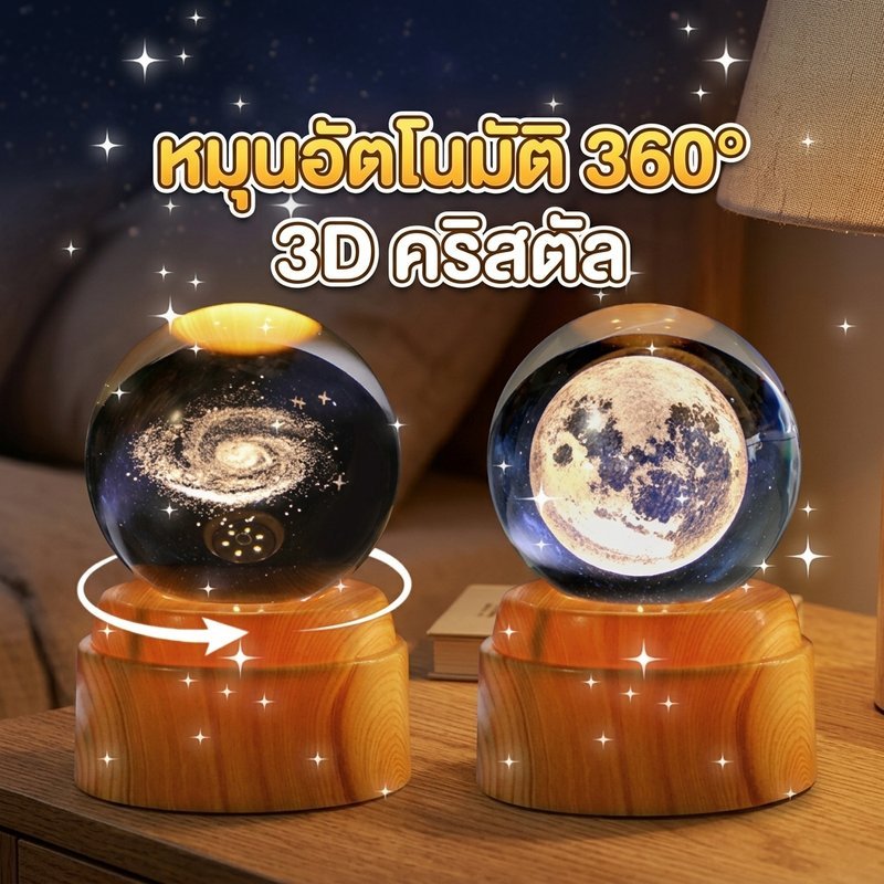 โคมไฟคริสตัลหมุนได้3D หมุนอัตโนมัติ360° แสงนวลสบตา ตกแต่งห้องนอน ห้องนั่งเล่น ของขวัญวันเกิด