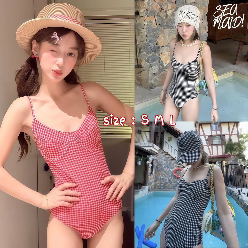 SEA MAID  วันพีซว่ายน้ำ ลายตาราง ผู้หญิง น่ารัก ใส่เที่ยว ใส่สบาย 🕶️☀️มีไซส์ S-L | น้ำหนัก 38-58 กก. ส่งไว Y433