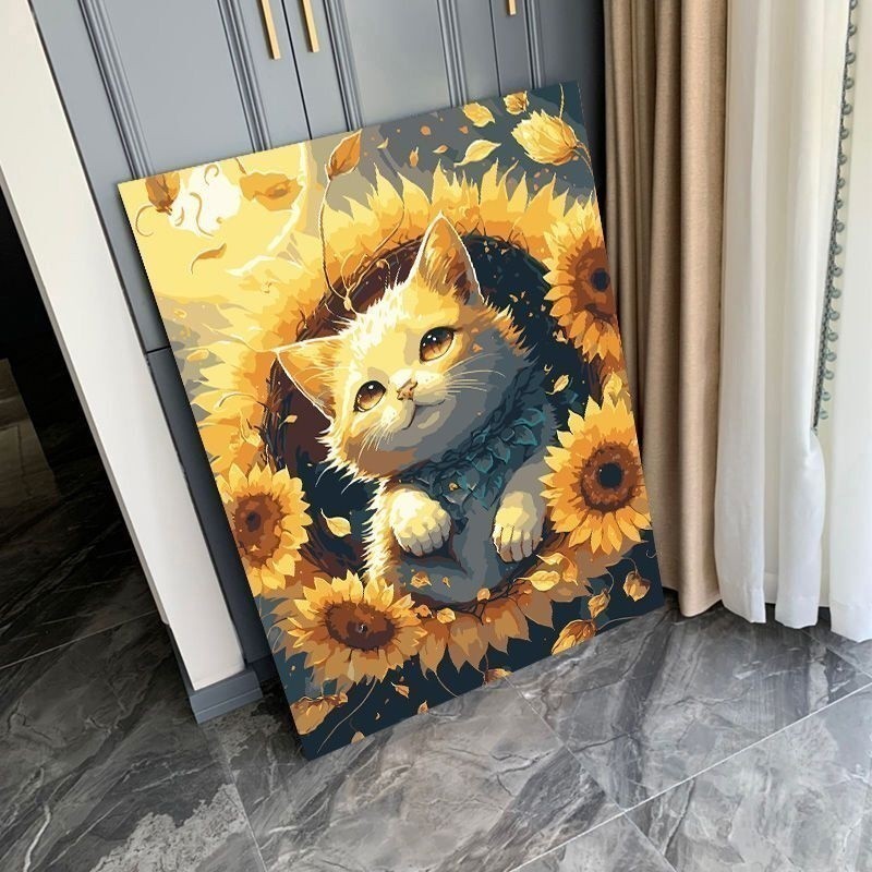 DaDa Art DQ1 สัตว์ 40x50 ซม. 猫咪 diy สีโดยตัวเลขภาพวาด Jewel คละสีดอกทานตะวัน High级感手工立解压 油 PA4