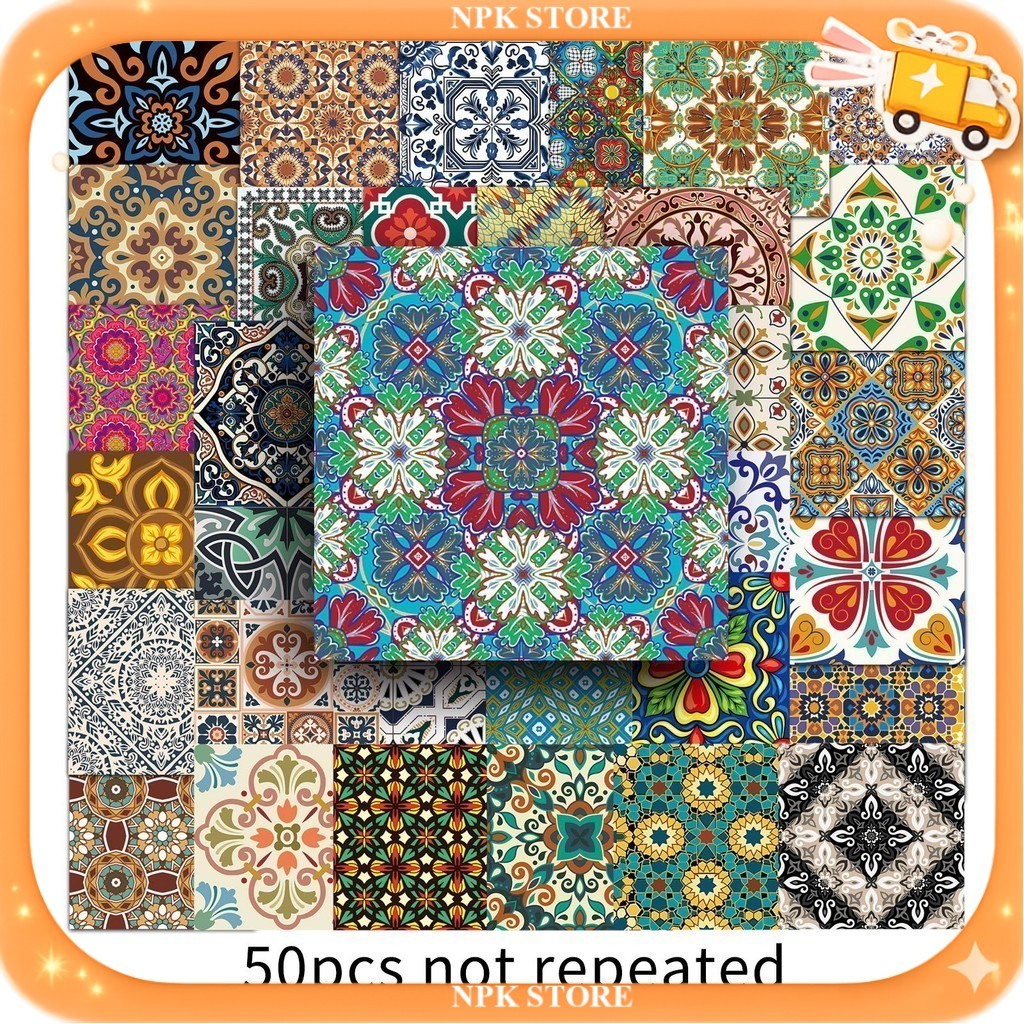 🔥🇹🇭พร้อมส่ง🇹🇭🔥 50ชิ้น สติกเกอร์ ลายกระเบื้องย้อนยุค Retro Tile Pattern Sticker กันน้ำ DIY