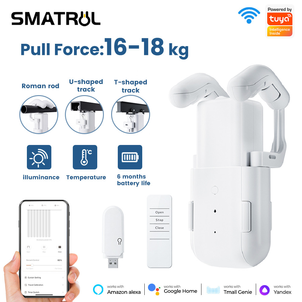SMATRUL WiFi Curtain Motor Tuya Smart Life APP Alexa และ Google voice control 10 เมตร travel รับน้ําหนักสูงสุด 18KG แท่งโรมันรูปตัว T และรางรูปตัว U