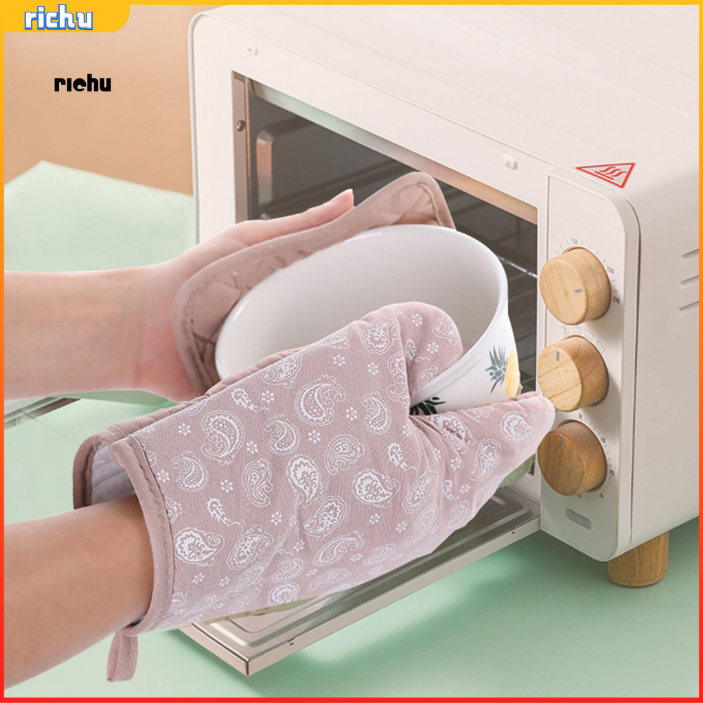 [richu] 2 ชิ้น/เซ็ต Baking Mitten ทนความร้อน Anti-scalding ผ้าฝ้ายแฟลกซ์มือป้องกัน Potholder เตาอบถุงมือสําหรับห้องรับประทานอาหาร