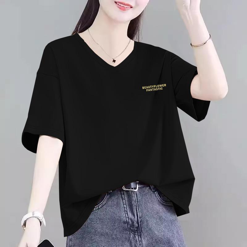 M-3XLสไตล์อเมริกันวินเทจ คอวีแขนสั้น เสื้อยืดผู้หญิงฤดูร้อน ผ้าระบายอากาศเย็น บวกขนาด พอดีหลวม แสดงออกแบบผอม ทุกวันสบายๆ