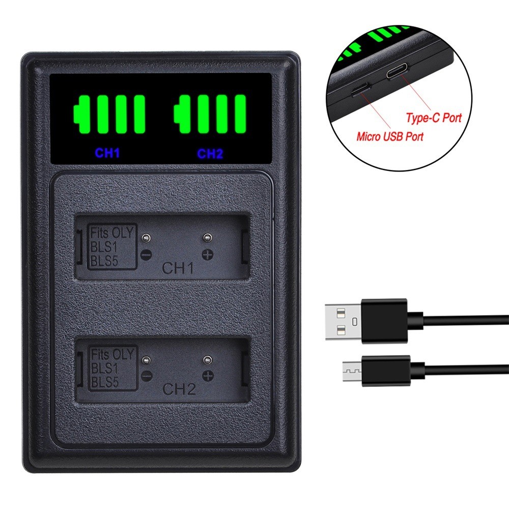 Xinyi Small LCD Dual Display Dual Charger เหมาะสําหรับ Oly BLS1/BLS5 พร้อม MicroUSB/Type-C Dual Port