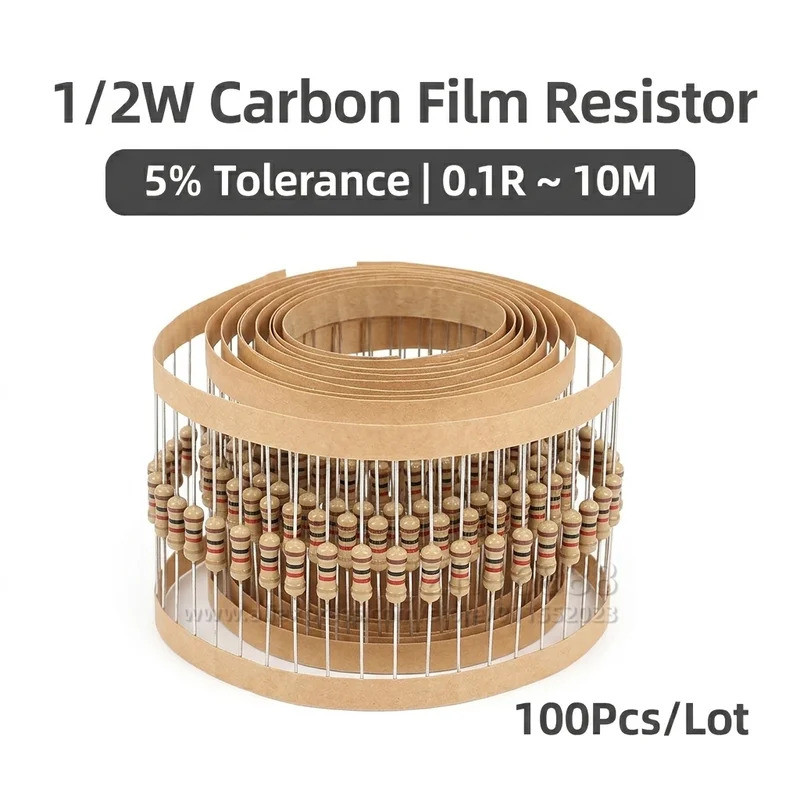 100 ชิ้น/ล็อต 0.5 1/2W ตัวต้านทานฟิล์มคาร์บอน 5% 1R-22M 10R 22R 47R 100R 150R 470R 1K 3.3K 10K 22K 2