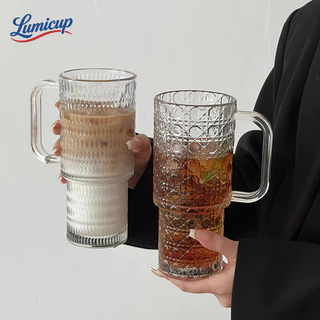 แก้วน้ำแก้วใสสไตล์วินเทจ 720ml มีหูจับ พร้อมฝา+หลอด แก้วกาแฟ/ชานม/น้ำผลไม้ ขนาดใหญ่ ทนร้อน-เย็น