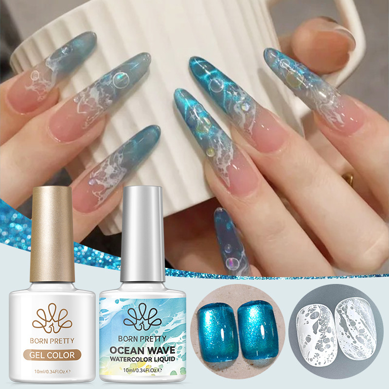 BORN PRETTY 2 ชิ้น Bubble Ocean Wave กาวสีฟ้าแมวตาชุดแม่เหล็กลูกไม้สีขาว Hollow Gradient สีเล็บจิตรกรรมเจล UV LED เคลือบเงาฤดูร้อนเล็บ Poke
