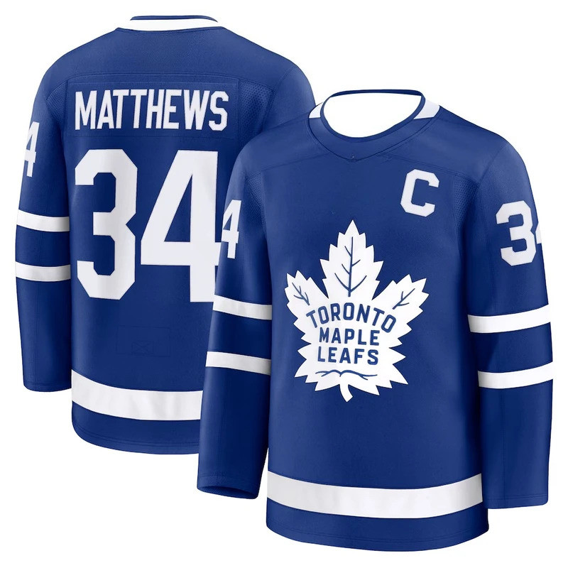 Hockey Jersey - สีฟ้าพร้อม Accent สีขาว "Matthews 34" Captain "C" Classic Maple Leaf Logo Athletic J