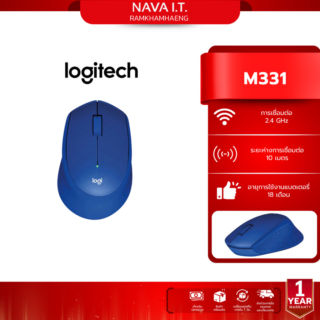 LOGITECH M331 เม้าส์ไร้สายไร้เสียง BLUE WIRELESS SILENT PLUS CORDLESS MOUSE (แพคเกจใหม่)