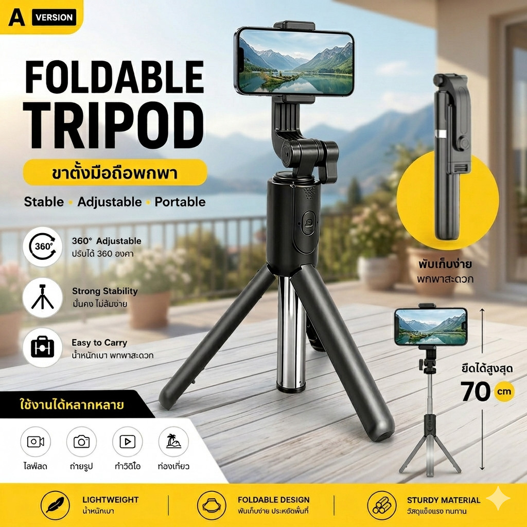 ขาตั้งกล้อง 4 ขา อลูมิเนียม 1.8ม. ขาตั้งไลฟ์ เซลฟี่สติ๊ก หมุน360° รีโมทบลูทูธ ที่วางมือถือ ปรับสูงได้