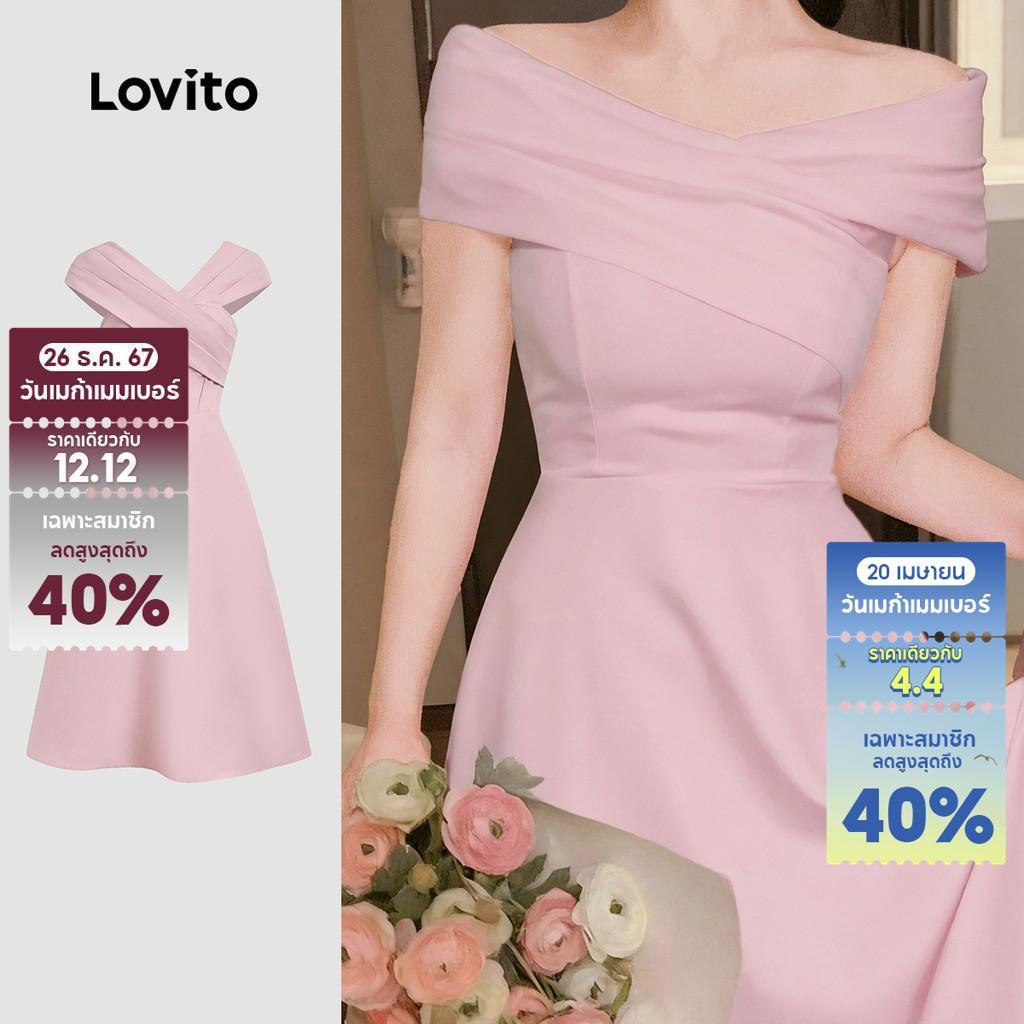 Lovito เดรสสวยหรู ทรงไม่สมมาตร ไหล่เดียว จีบระบาย สีชมพู สำหรับผู้หญิง เหมาะสำหรับฤดูใบไม้ผลิ/ฤดูร้อน L155ED217