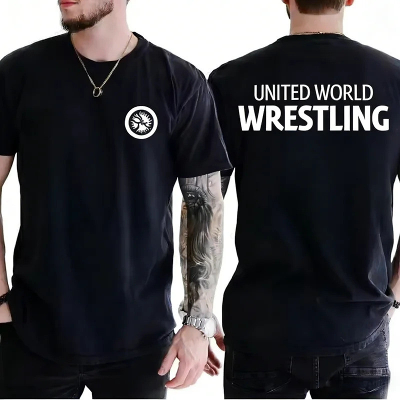 เสื้อยืดผู้ชาย United World Wrestling UWW ลายตลกเท่ห์ ผ้าฝ้าย แขนสั้น คอกลม เสื้อยืดผู้ชาย สไตล์ฮิปฮ