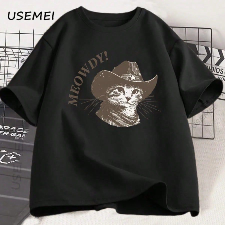 Meowdy Cowboy Cat T-Shirt Men Vintage Cowboy Cat T-Shirt 90s Funny Cute Kitten Country Western Print