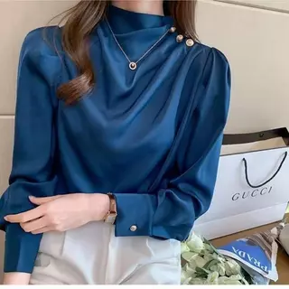mimi&didi#เสื้อเชิ้ตแขนยาวผ้าไหมสีขาว คอปกตั้ง ทรงเข้ารูป หรูหรา สง่างาม และดูเป็นผู้ใหญ่ สีพื้นเรียบ#99307