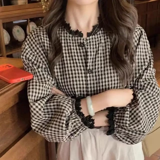 vicky~Xเวอร์ชั่นเกาหลี วินเทจ ลูกไม้ คอกลม แขนยาว ตาราง เสื้อเชิ้ต รุ่นใหม่