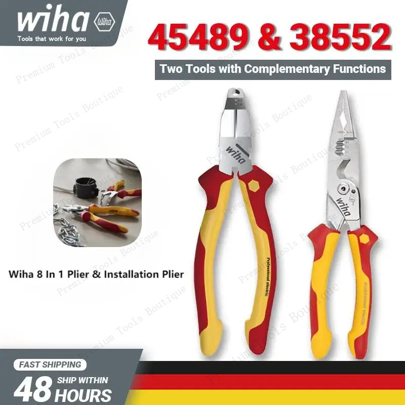 Wiha 45489 38552 ชุดเครื่องมือช่างไฟฟ้า 8-in-1 คีมติดตั้ง VDE 1000V ทดสอบแล้ว มัลติฟังก์ชัน