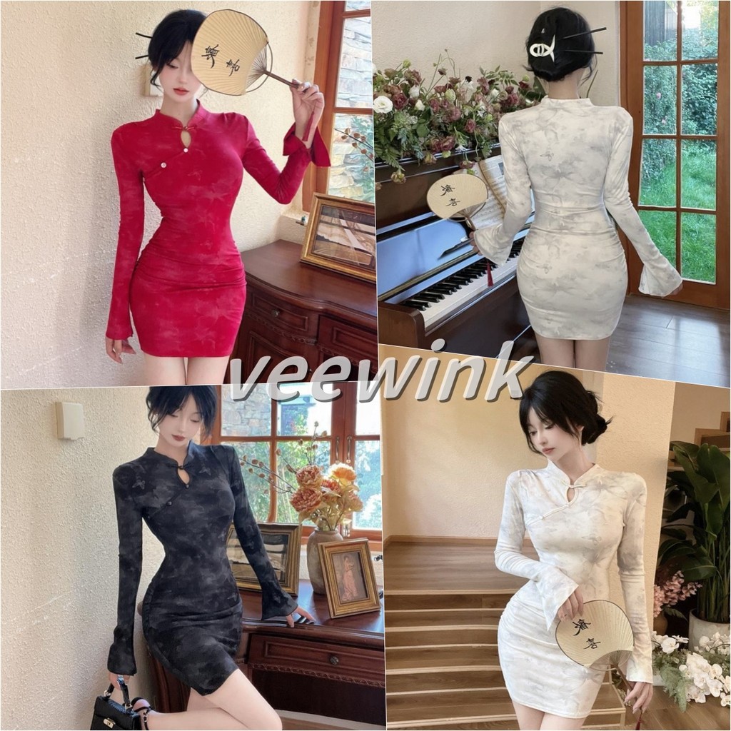 Veewink พร้อมส่งจากกทม ชุดกี่เพ้ารุ่นปรับปรุงทรงกระชับสวย ใส่เอวเล็ก สะโพกโดน พร้อมแขนยาว สไตล์จีนร่วมสมัย ดูหรูสง่า