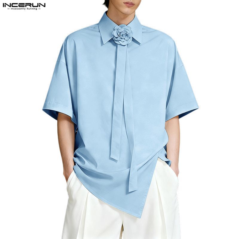 INCERUN ผู้ชายวันหยุดเกาหลี Casual Turn-Down-Collar ดอกไม้พิมพ์แขนสั้นด้านข้าง Tie-Up Design เสื้อ