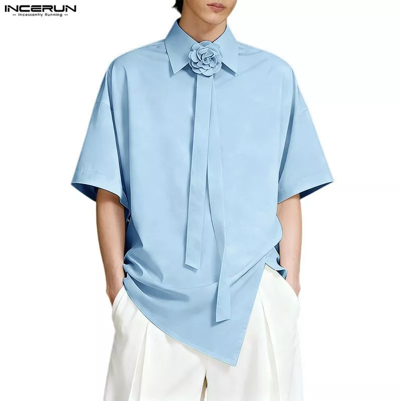 INCERUN ผู้ชายเกาหลี Elegant Casual Turn-Down-Collar 3D ดอกไม้ Tie Design แขนสั้น Slit Hem เสื้อ
