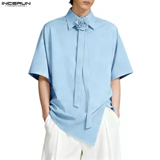 INCERUN ผู้ชายเกาหลี Elegant Casual Turn-Down-Collar 3D ดอกไม้ Tie Design แขนสั้น Slit Hem เสื้อ
