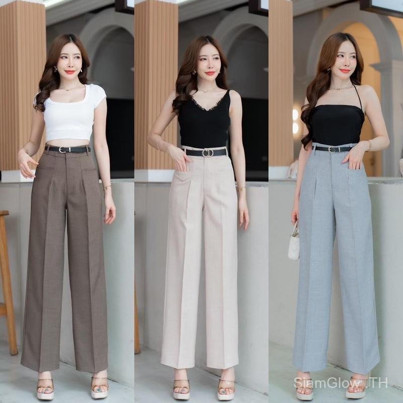 【SiamGlow SELLER】G97 กางเกงเอวสูงกระบอกกลาง กระเป๋าเจาะ ตะขอหน้า ซิปหน้า ผ้าฟอร์ร่า