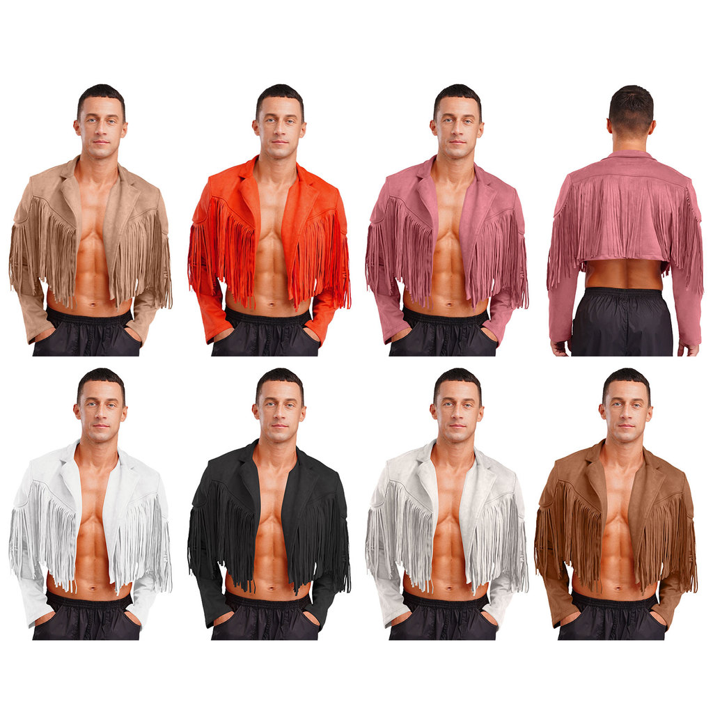Yeahdor Mens Stylish Fringe Faux Suede Cropped แจ็คเก็ตแขนยาวเปิดด้านหน้าเสื้อสเวตเตอร์ถัก 80s Hippie คาวบอยOuterwear