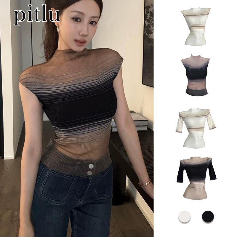 pitlu เสื้อท็อปคอสแต็คลายแถบไล่สีแขนกล/ไม่มีโปร่ง สีดำ/ขาว ไซส์ฟรี(29-38) ผ้าไหม ใส่สวยสบาย แฟชั่น