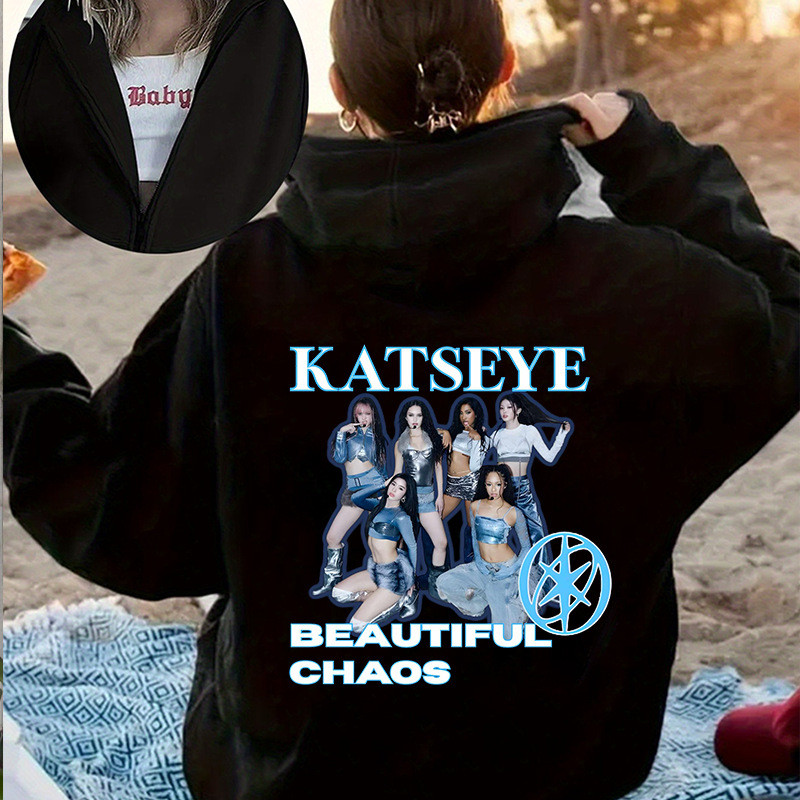 Katseye Womens Group พิมพ์ซิป Hoodie Street Flow Sweatshirt 1216-2WJG