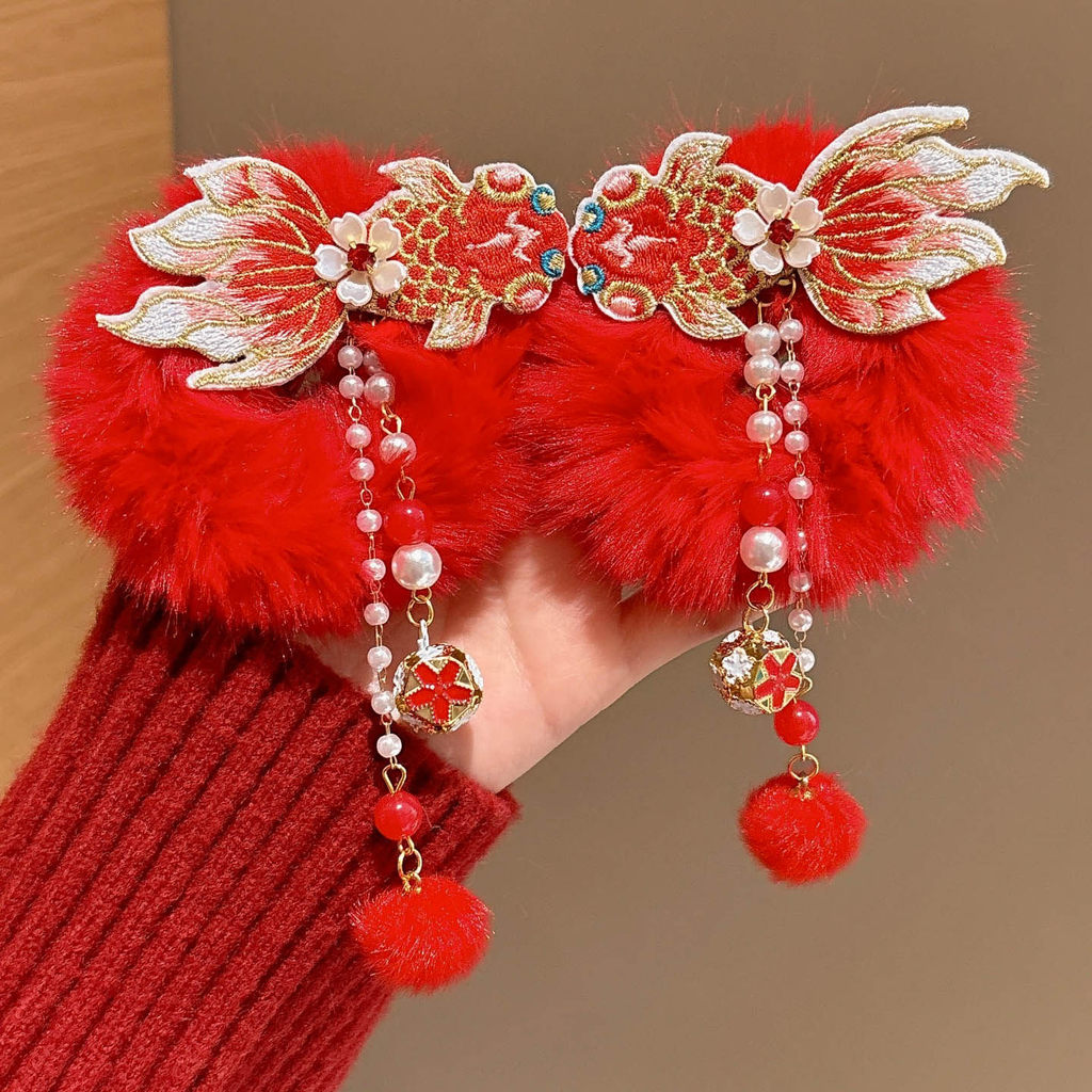 ยางรัดผมพู่สีแดงสำหรับเด็กผู้หญิง เครื่องประดับผมลูกบอลในสไตล์แบบเก่าแก่ - รูปที่ 6