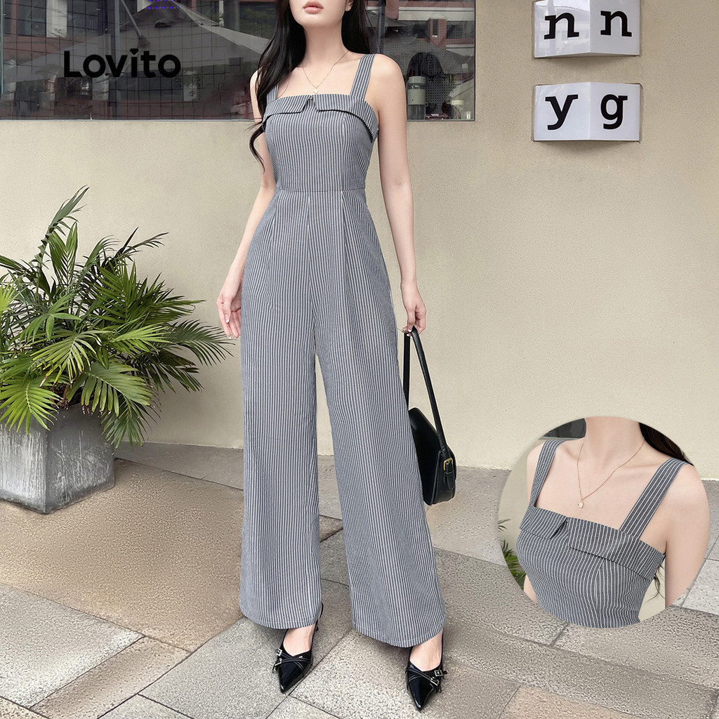 Lovito จั๊มสูทคอวีแต่งระบายลายทางลำลองสำหรับผู้หญิงในช่วงฤดูร้อน/ฤดูใบไม้ผลิ L12