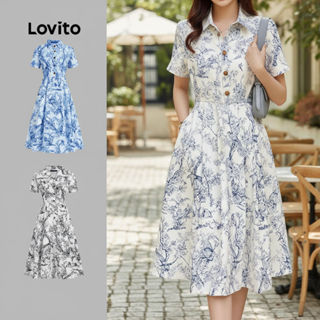 Lovito ชุดเดรสผู้หญิงลายกระดุมลําลอง สีสันสดใส สําหรับฤดูใบไ…