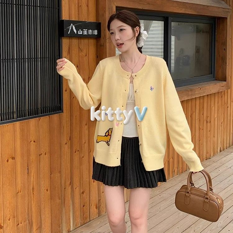 kitty 'พร้อมส่ง' CZ2588 เสื้อครอป เสื้อกันหนาวไหมพรม แขนยาว คอ สีพาสเทลลายน้องหมาน่ารัก