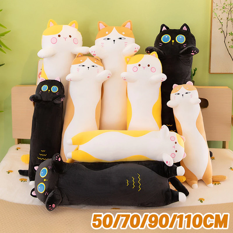 ตุ๊กตาแมวผ้ากำมะหยี่ หมอนรูปแมว เบาะยาว นุ่มนิ่มและน่ารัก 50/70/90/110cm ตุ๊กตาผ้า ของขวัญสำหรับเด็ก