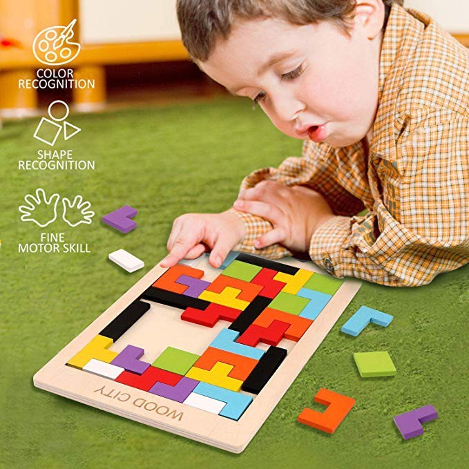 Tetris เกมส์เตอติส เกมส์พัฒนาสมอง ฝึกการวางแผน เตตริส ขนาดใหญ่และเล็ก tangram Colorful Wooden Tetris