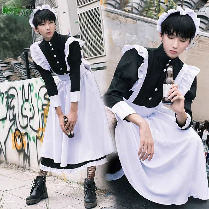 Cosplay服装黑白男仆装衣服英国风珍珠线长款咖啡厅女仆猫耳装男20260103Cosplay Cos Black and White Male Maid Outfit British Style 
