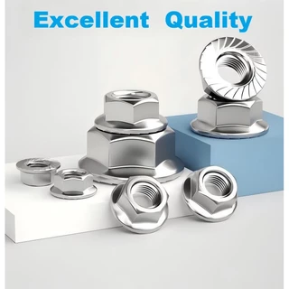 A&D หัวน็อตจาน (Hexagon Flange Nut) สแตนเลส 304 มาตรฐาน เป็นน็อตตัวเมียหกเหลี่ยมแบบมีแหวนในตัว พื้นหน้าแปลนเป็นแบบหยาบ (Serration) ช่วยล็อคแน่น (Flange) ช่วยกระจายแรงกดได้กว้างขึ้น เหมาะสำหรับงานเหล็กและงานโครงสร้างทั่วไป กระจายแรงกดได้ดีโดยไม่ต้องใช้แหวน
