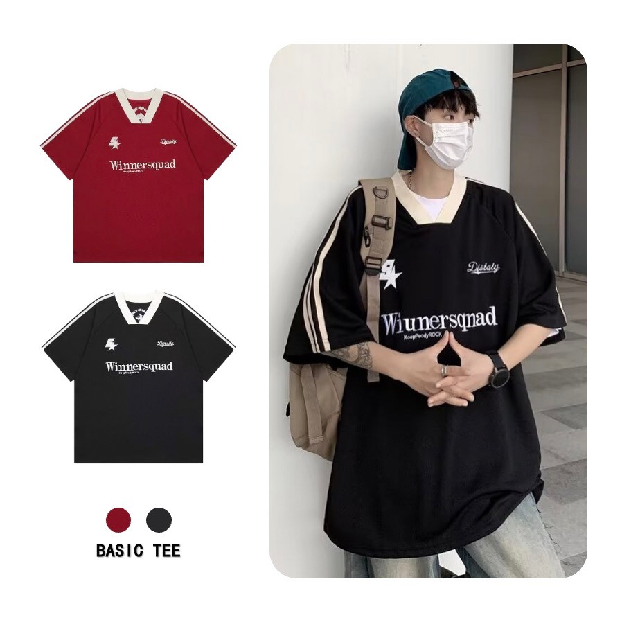 ผ้าเรยอน ทรงหลวม แบบแห้งเร็ว เสื้อยืดแขนสั้น ทรงหลวม สไตล์สปอร์ต สําหรับผู้ชาย High Street คอวีสไตล์