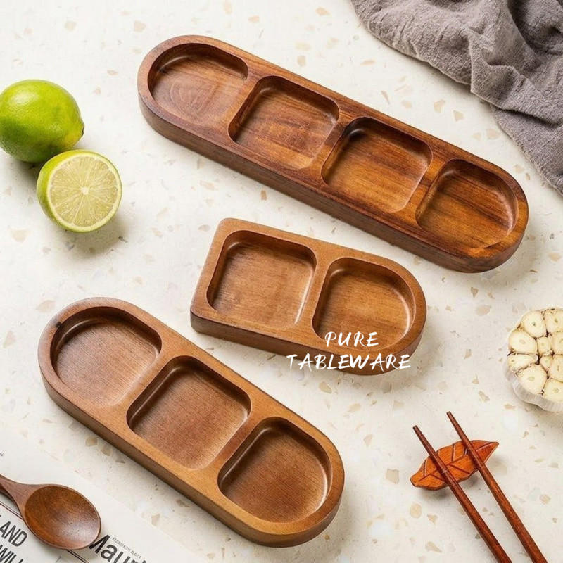 ถ้วยน้ำจิ้มไม้ 3 ช่อง (Wooden Sauce Dish) ถาดไม้ใส่ขนม สไตล์มินิมอล สำหรับชาบู ปิ้งย่าง ถาดเสิร์ฟไม้