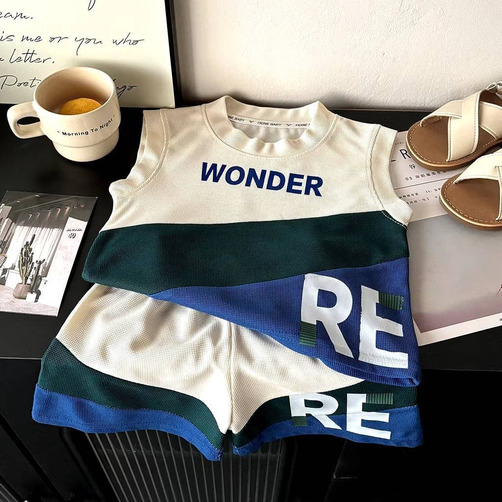 ชุดเซ็ทเสื้อ+กางเกง ชุดเสื้อกั๊กวาฟเฟิลสำหรับเด็กวัยหัดเดินถึงวัยเรียน ใส่สบายๆ