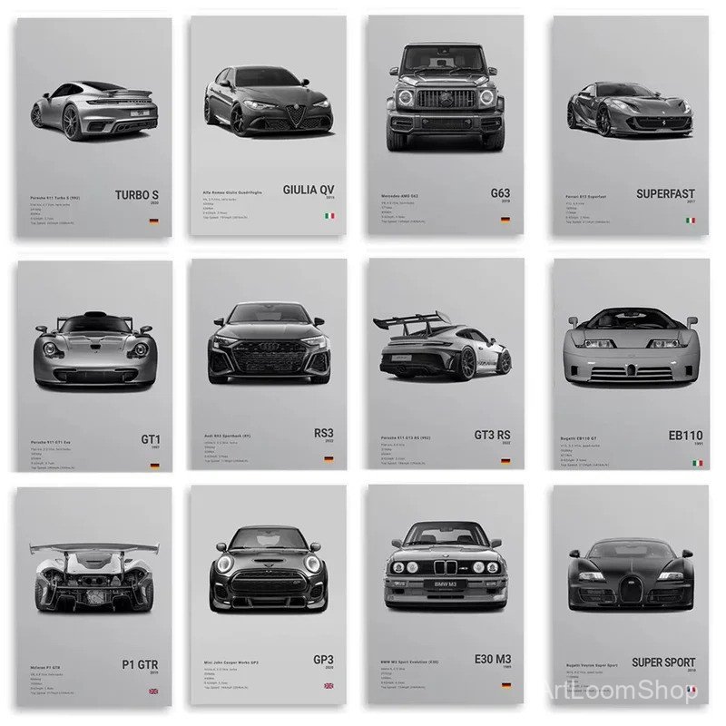 GOX8 Pop Car Home Decor Wall Art โปสเตอร์ R8 RS3 M3 M5 G63 F40 STO กีฬารถสีดําที่มีชื่อเสียง Cool ขอ