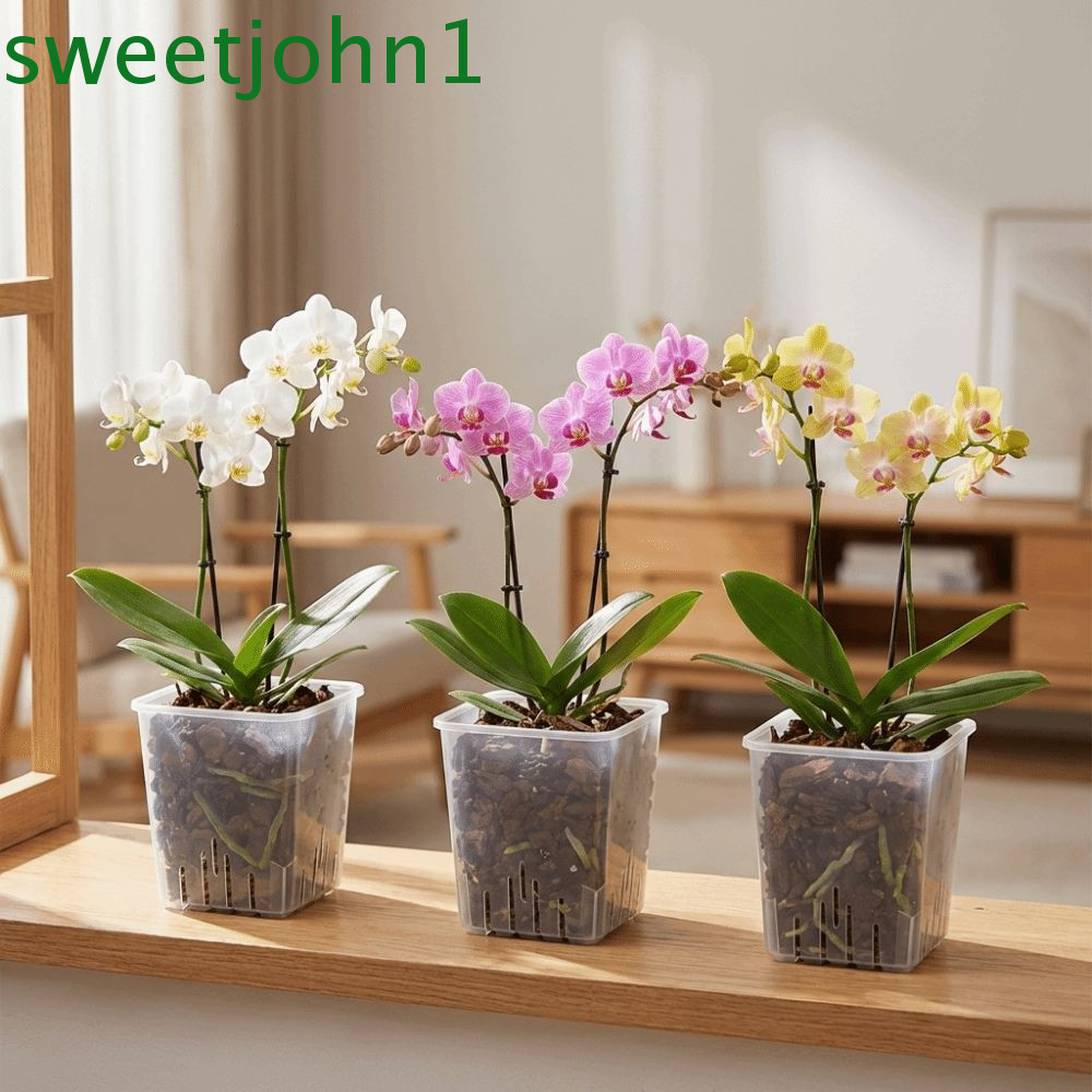 SWEETJOHN Orchid Plant Grow Pot, Root Control Pot Square Clear Flower Pots, พลาสติกหนาแข็งแรงพร้อมถา