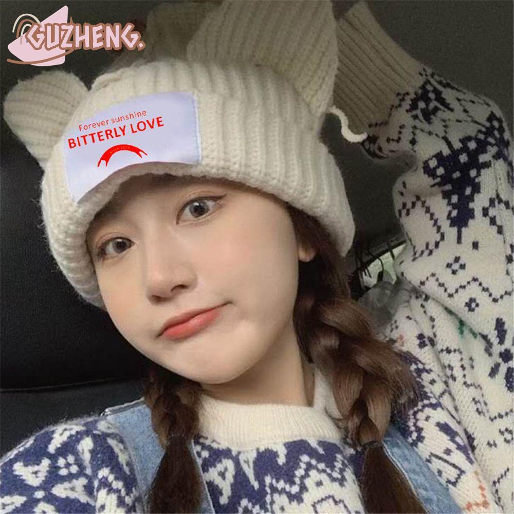 GUZHENG หมวกถักฤดูใบไม้ร่วงฤดูหนาว Piglet Cat Ear Patch หมวกเย็น